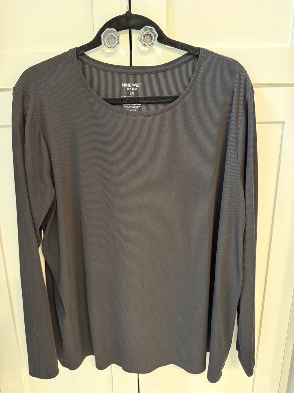 Nine West Black Long Sleeve Ribbed Crew Neck Tee